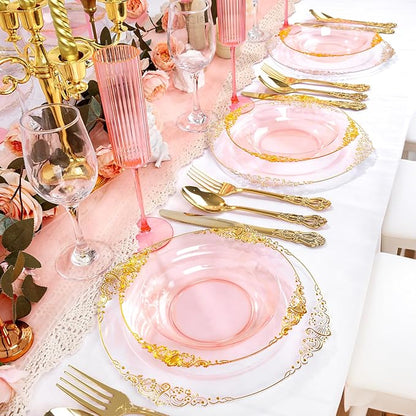 100PCS Clear Pink Plastic Bowls - 12 oz Pink Gold Disposable Salad Bowls - Heavy Duty Disposable Soup Bowl - Fancy Plastic Ice Cream Bowl for Weddings Valentine's Day Parties Dinners Picnics