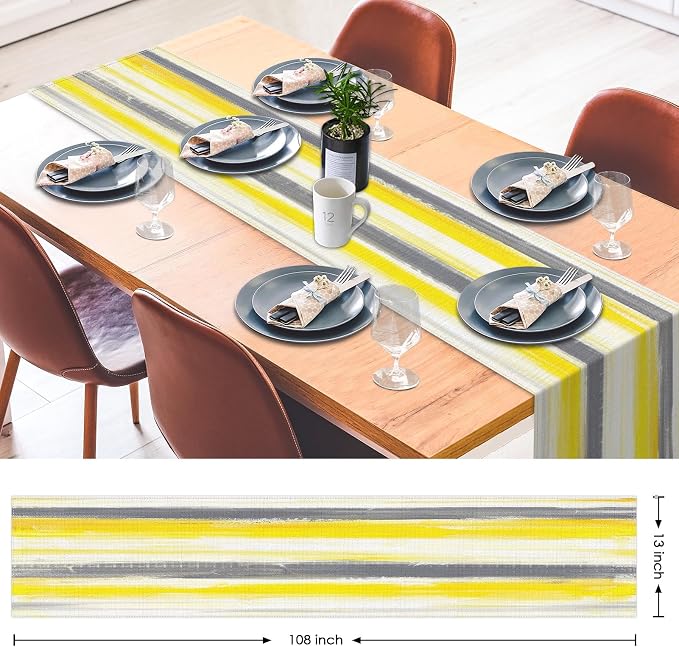 Emvency Table Runner, 13x72 Inch, Abstract Striped Modern | Yellow Grey Dining - Image 2