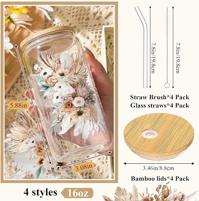 Mumufy 4 Pack Wildflower Glass Cups Gift Aesthetic Cute Glass Cup Tumbler - Image 2