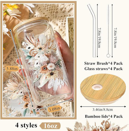Mumufy 4 Pack Wildflower Glass Cups Gift Aesthetic Cute Glass Cup Tumbler - Image 2