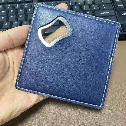 PU Leather Drink Coaster with Bottle Opener Stainless Steel Bartender Beer - Image 5