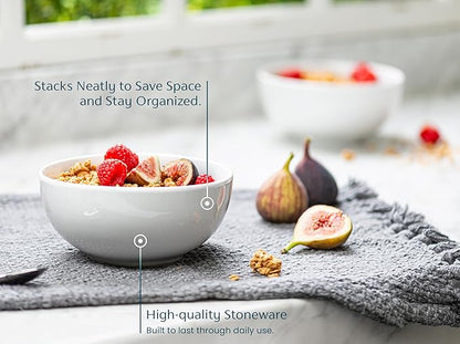 KooK Ceramic Cereal Bowls, Microwave, Dishwasher and Freezer Safe, Porcelain Dishes for Soup, Pasta, Salad, Oatmeal, Deep Interior, 24 oz, Set of 6, Marshmallow White