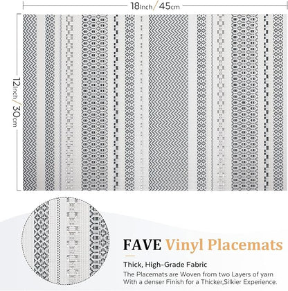 FAVE Boho Vinyl Placemats Set of 6, Durable Woven Place Mats Washable Heat Resistant PVC Table Mats for Parties,Weddings, Dining,Banquet(Gray, 6PCS)