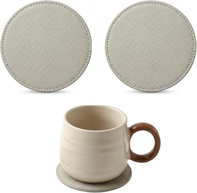 2Pcs Leather Coasters Soft Beige Coaster Set by Unknown