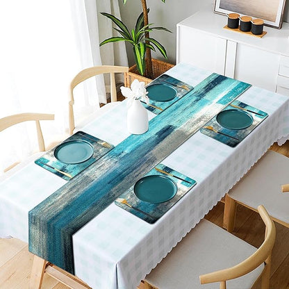 Mcalk Farmhouse Turquoise Table Runner and Placemats Set of 6 Pieces,Teal Turquoise Placemats Modern Art,Blue Grey Abstract Art Cloth Place Mats for Kitchen,Linen Material for Dining Table