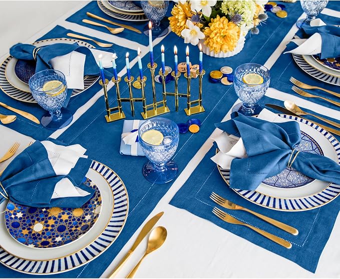 Solino Home 100% Pure Linen Table Runner Indigo Blue Hemstitch, 14 x 156 in | - Image 3