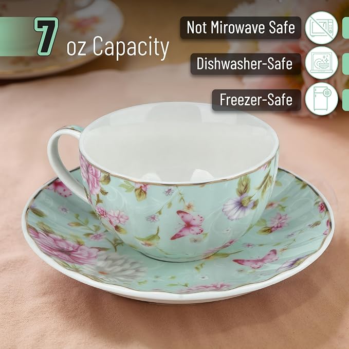 BTaT- Floral Tea Cups and Saucers, 7 oz, Fine Porcelain Teacup Set - Image 3