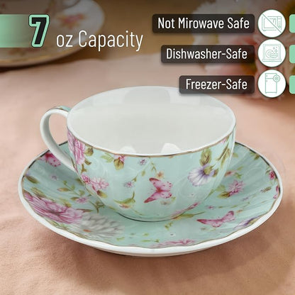 BTaT- Floral Tea Cups and Saucers, 7 oz, Fine Porcelain Teacup Set - Image 3
