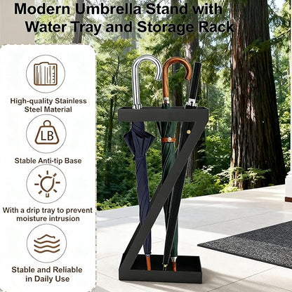 Modern Umbrella Stand with Drip Tray and Storage Shelf at The Entrance Foyer, Stylish Freestanding Umbrella Organizer, Indoor and Outdoor Umbrella Stand