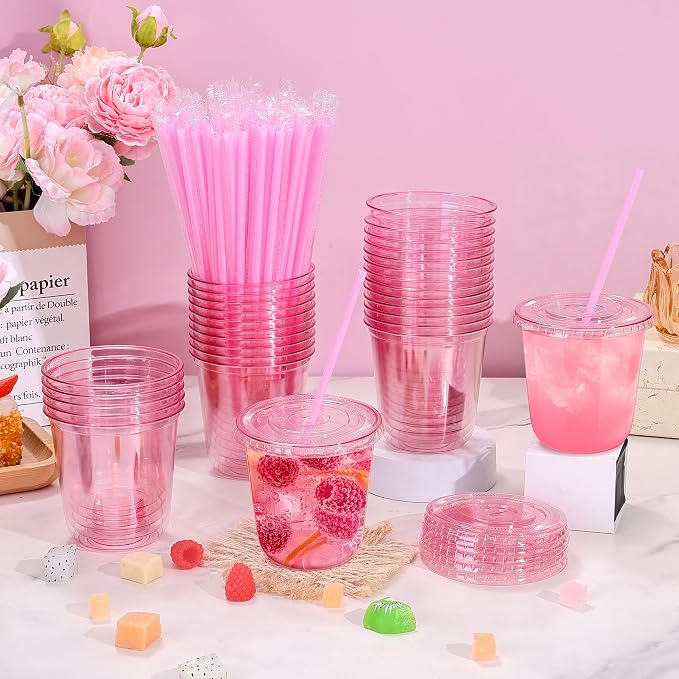 tchrules 100 Set 12oz Pink Round Bottom Plastic Cups - Image 3