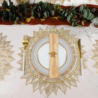 Placemats Set of 8, Round Hollow Out Flowers Place Mats for Dining Table Pressed Vinyl Blooming Leaf Table Mats for Holiday Party Wedding Accent Centerpiece Dinner Table Decoration (Gold)