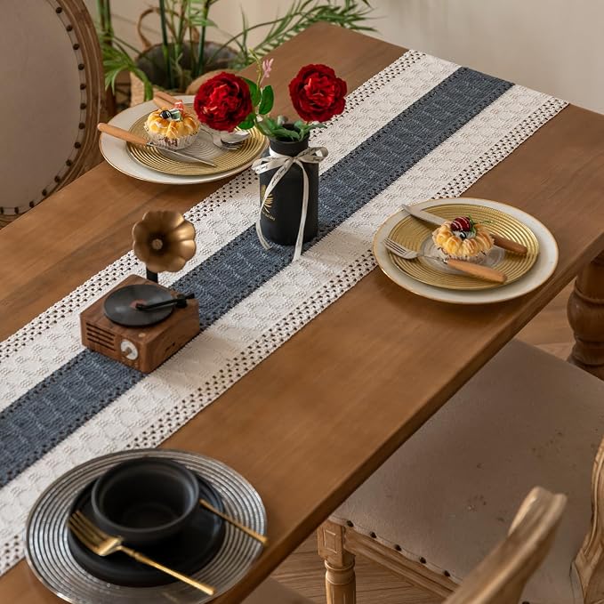 EMMTEEY Boho Table Runner with Tassels 108 Inches Long, Stone Blue | Handmade - Image 7