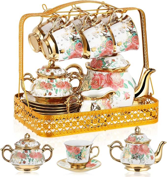 22 Pcs Porcelain Tea Set with Metal Holder, Vintage European Floral Tea Set by Suttmin