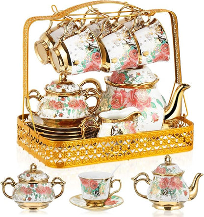 22 Pcs Porcelain Tea Set with Metal Holder, Vintage European Floral Tea Set by Suttmin