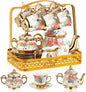 22 Pcs Porcelain Tea Set with Metal Holder, Vintage European Floral Tea Set by Suttmin