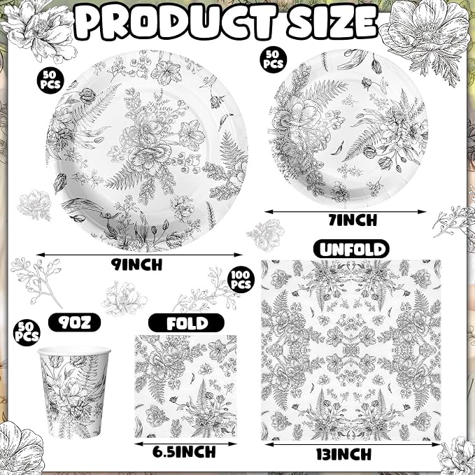 250 Pcs Black Disposable Plates and Napkins Floral Tableware Set - Image 3
