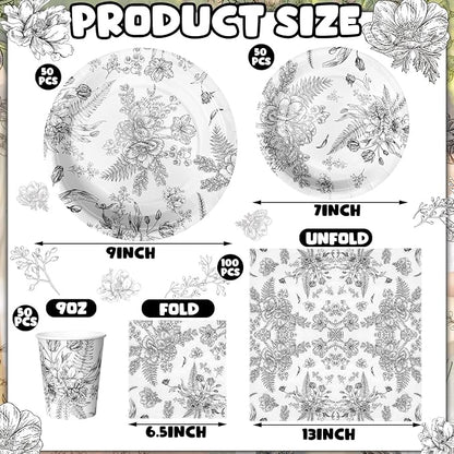250 Pcs Black Disposable Plates and Napkins Floral Tableware Set - Image 3