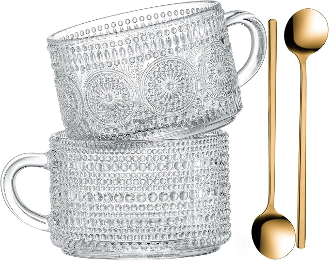 Gezzeny Vintage Glass Coffee Mugs 14 Oz Set of 2 Clear Embossed Tea Cups by Gezzeny