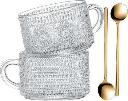 Gezzeny Vintage Glass Coffee Mugs 14 Oz Set of 2 Clear Embossed Tea Cups by Gezzeny