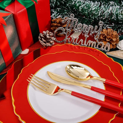 WDF 30Guest Red Plastic Plates - Gold Plastic Silverware With Red Handle - Red Plates Disposable- Baroque Plastic Dinnerware for Party Valentine's Day