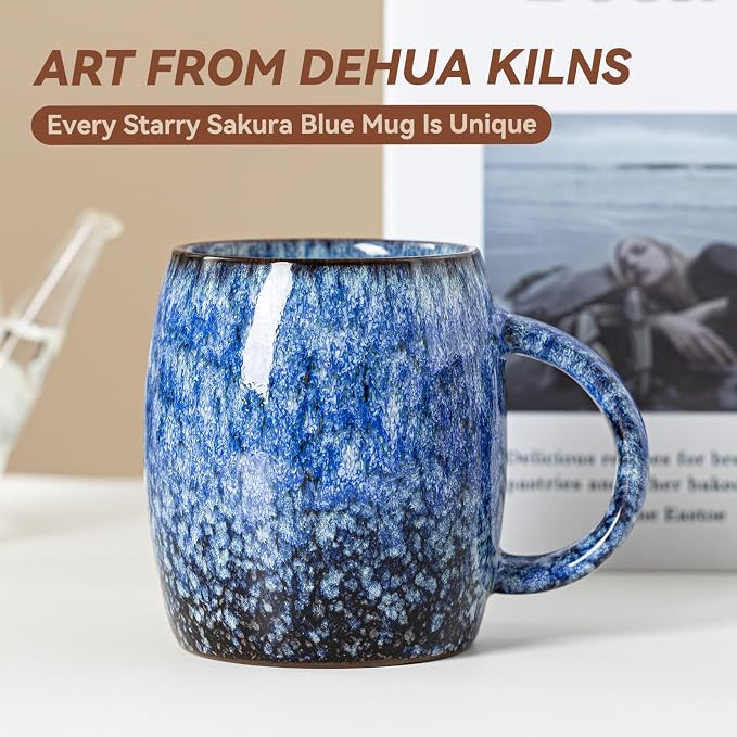 Sakura Blue Reactive Glaze Ceramic Coffee Mug - 14 oz Unique Mug - Image 2
