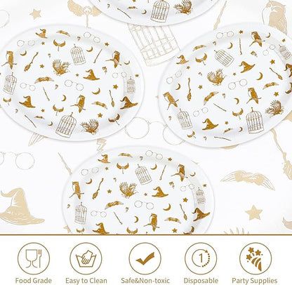 50Pcs Magical Oval Paper Plates 10" x 12" Large Disposable Heavy Duty Golden Wizard Theme Paper Platters Fantasy Magic Dessert Plates for Boy Girl Magical Wizard Themed Birthday Party Supplies