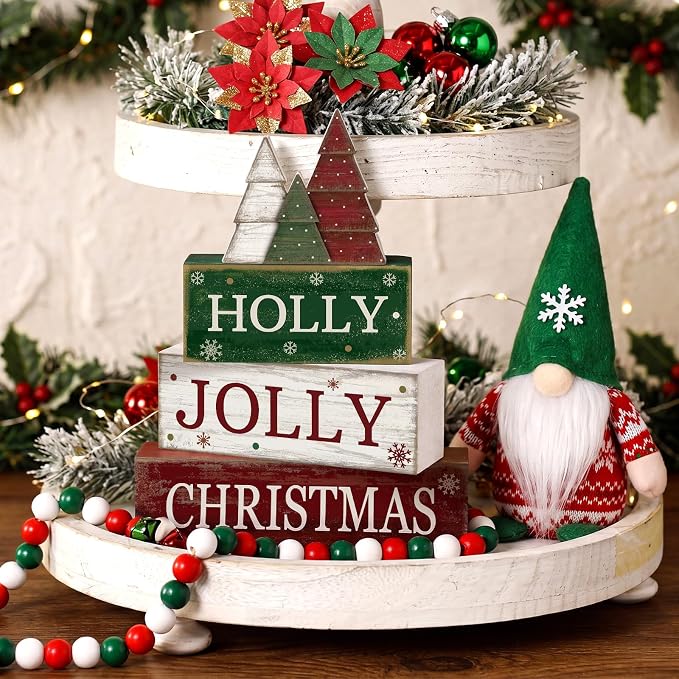 Moucuny 4 Pcs Christmas Table Decorations Rustic Christmas Tree Stacked Wooden - Image 4