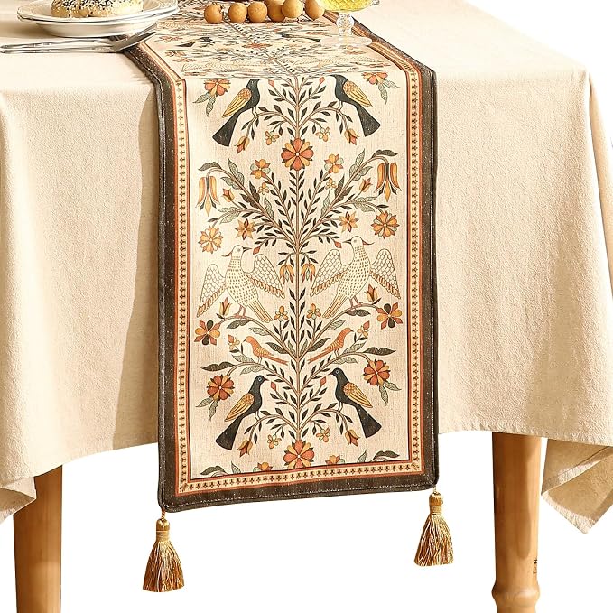 bilin gaier Designer French Linen Small Table Runner, Floral Pattern, Dining by bilingaier