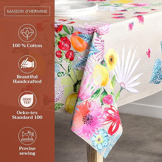 Maison d' Hermine Table Cloth Rectangle Table 100% Cotton 70 x 90 Inches Tablecloth Reusable Decorative for Dining Room Farmhouse Home Valentines Day Decorations Spring Summer - Jardin D'Ete - Fog