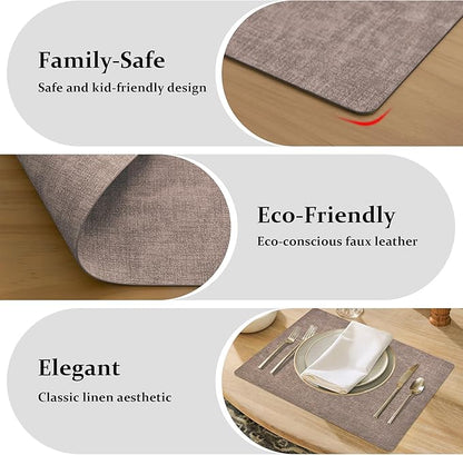 FROMHEART Faux Leather Placemats Set of 6–Waterproof,Heat/Oil Stain-Resistant PU Table Mat–Reversible,Non-Slip,Easy to Clean Place Mats for Kitchen,Dining,Indoor/Outdoor,(Dark Coffee,11.8" x 17")