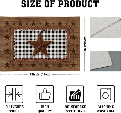 Western Texas Star Placemats for Dining Table Set of 4，Buffalo Plaid Country Wooden Plank Table Mats 18 x12 Inch Non-Slip Dining Table Place Mats for Party Kitchen Indoor Decor