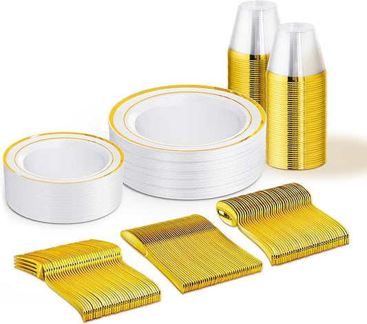 150 PCS Gold Disposable Dinnerware Set for 25 Guests, Gold and White Plastic Plates for Party, 25 Dinner & Salad Plates, 25 Cups, 25 Forks Knives Spoons for Wedding and Party Supplies