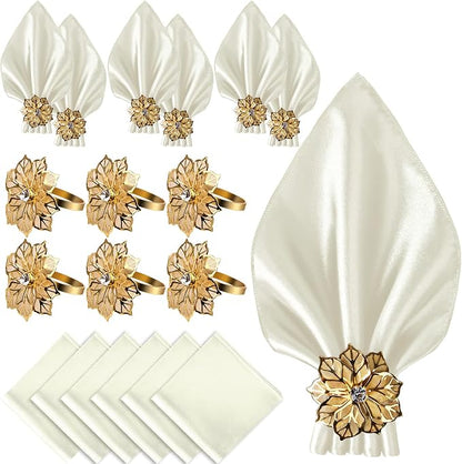 12 Pack Gold Napkin Rings and Cloth Napkins Set of 6, 17x17 Satin Cocktail by CROWNGUIDE