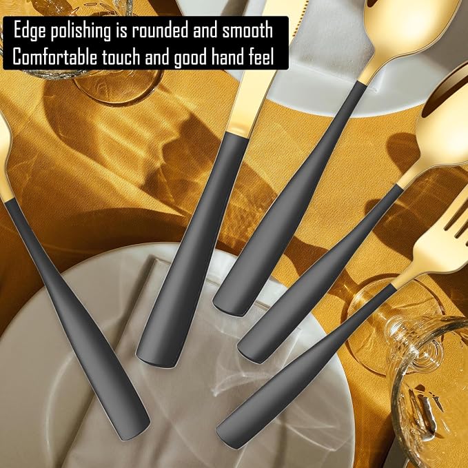 Black Gold Silverware Set for 8, Stainless Steel 40 Piece Modern Cutlery Set - Image 5