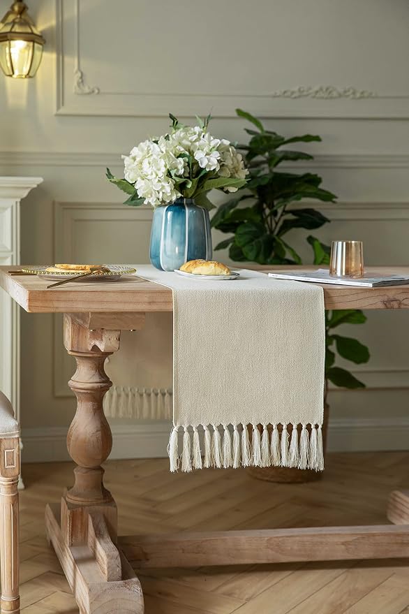 Cream Table Runners 60 Inches Long, Burlap Linen Style Rustic Farmhouse Table - Image 3