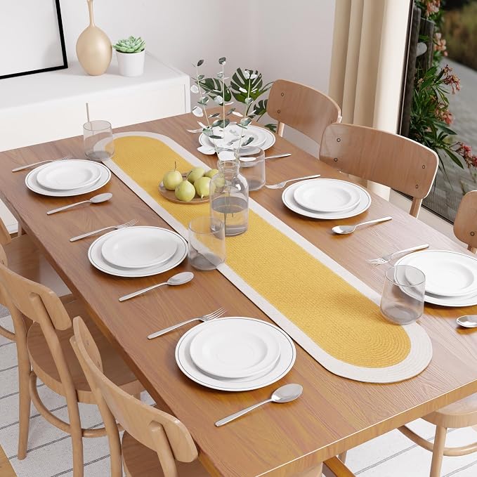 Encasa XO Dining Table Runner, Handmade Ribbed Cotton 12"x54" Yellow & Off White - Image 3