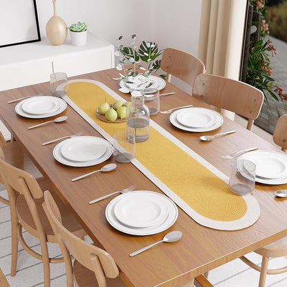Encasa XO Dining Table Runner, Handmade Ribbed Cotton 12"x54" Yellow & Off White - Image 3