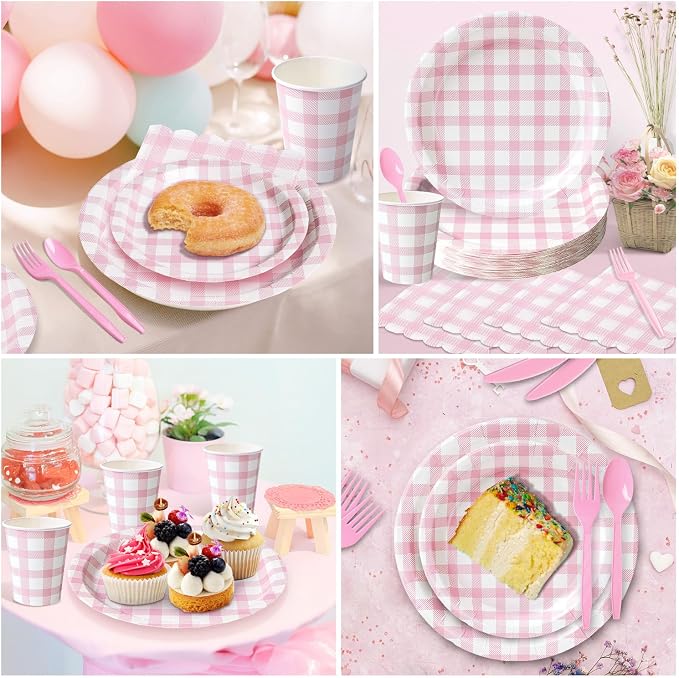 Vyntra 350 Pcs Pink Gingham Paper Plates and Napkins Set - Image 7
