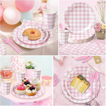 Vyntra 350 Pcs Pink Gingham Paper Plates and Napkins Set - Image 7