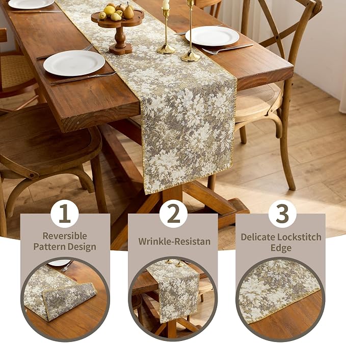 ORTIGIA Vintage Floral Table Runner, Boho Chenille Beige Farmhouse Rustic Runner - Image 7