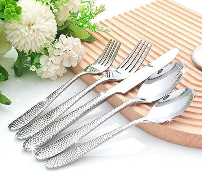 Hammered Silverware Set, CITESANA 20-Piece Heavy Duty Mirror Polished Stainless Steel Flatware Set Cutlery Set Flatware Service for 4