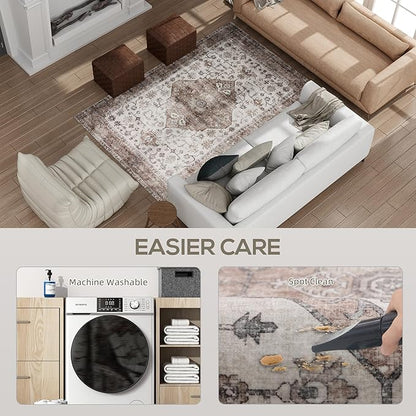 HOMCOM Washable Area Rug, 4'x6' Vintage Indoor Distressed Carpet, Retro Floor Cover Foldable, Floral Print Mat for Living Room, Bedroom, Dining Room, Tan