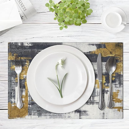 Emvency Farmhouse Placemats Set of 4, Abstract White Black Gold Vintage Art Painting 12x18 Inch Table Mats for Outdoor Home Party Kitchen Dining Decoration