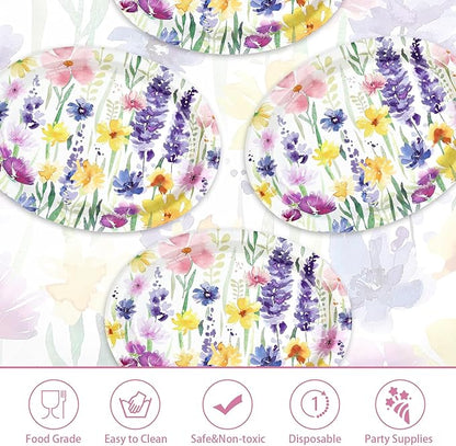 50Pcs Spring Floral Oval Paper Plates 10" x 12" Large Heavy Duty Disposable Flower Vintage Dessert Themed Plates for Spring Summer Floral Holiday Wedding Party Supplies Decorations