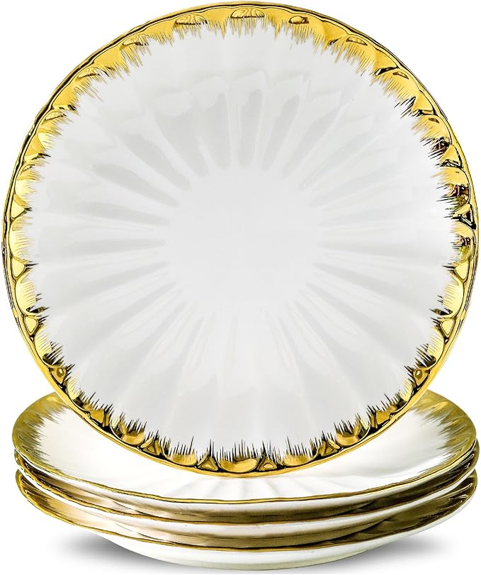 Dinner Plates, Ceramic dinner plates Set of 4, White Dinner Plate with Gold Rim, 10 Inch Dinnerware Dish Set for Kitchen Round Salad-Plates, Dessert Appetizer plate Serving Dishes for Parties