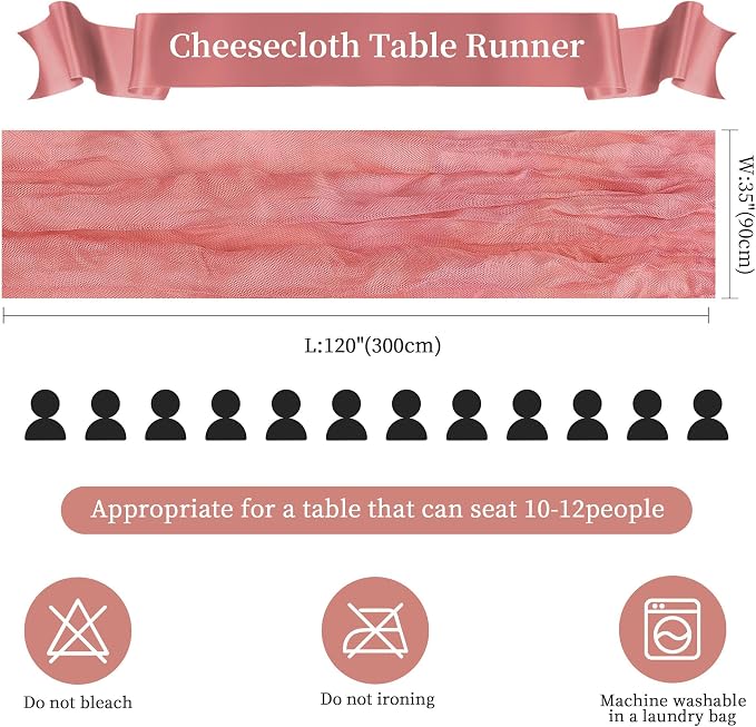AGIRL 12 Pack Rose Cheesecloth Table Runner 10FT Boho Gauze Home Decor | Rustic - Image 2