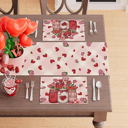 XCHI Roses Flowers Love Hearts Vase Valentine’s Day Placemats Set of 8 Table Mats for Party Home Kitchen Dining Table Decorations 12x18 Inch