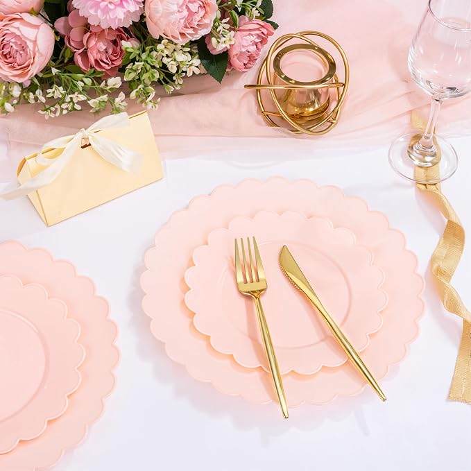 100Pcs Pink Plastic Plates Set for Party, Scalloped Fancy Plates | Heavy Duty - Image 2