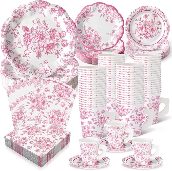 Pickmesh 252 Pcs Pink Floral Tea Party Supplies by Pickmesh