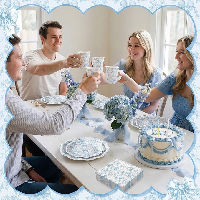 Pickmesh 252 Pcs Blue Bow Floral Tea Party Supplies - Image 7